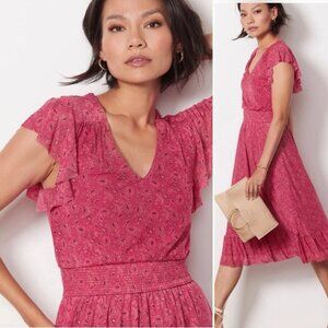 Evereve Elena Pink Floral Midi Dress Womens Sz S Shirred Waist Cottagecore Fairy